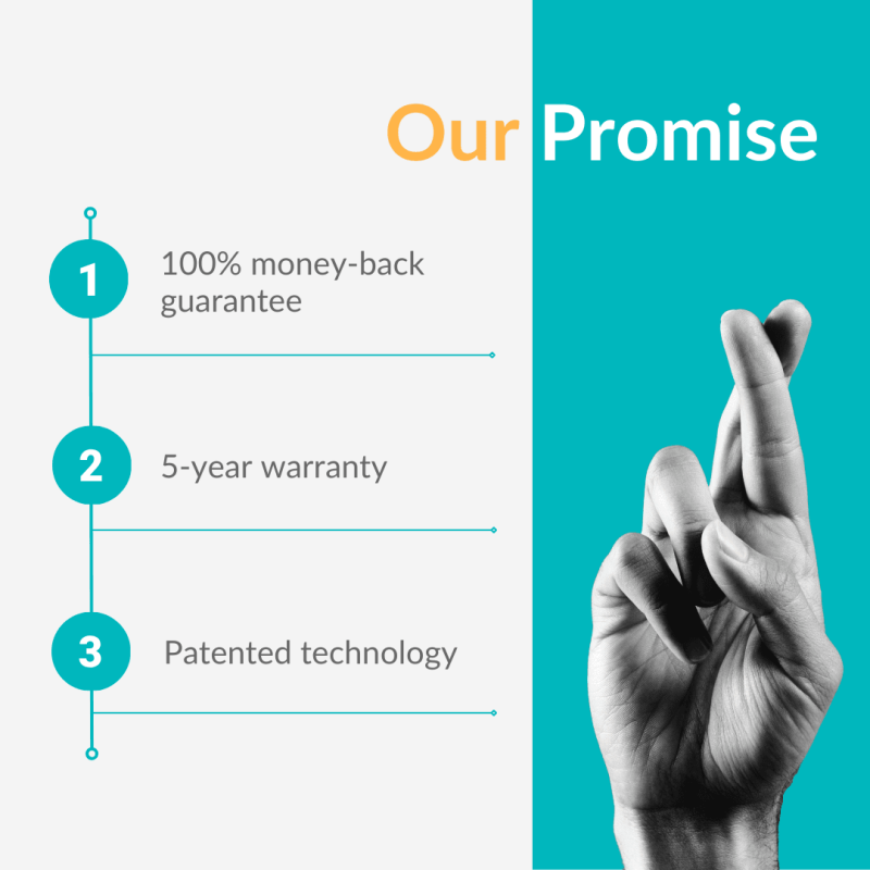 Rack Sack trash disposal system with money-back guarantee, 5-year warranty, and patented technology.