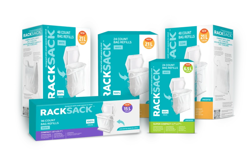 Various Rack Sack refill bag packages in different sizes and colours, designed for compact under-cabinet trash bins, promoting organized and convenient waste disposal.
