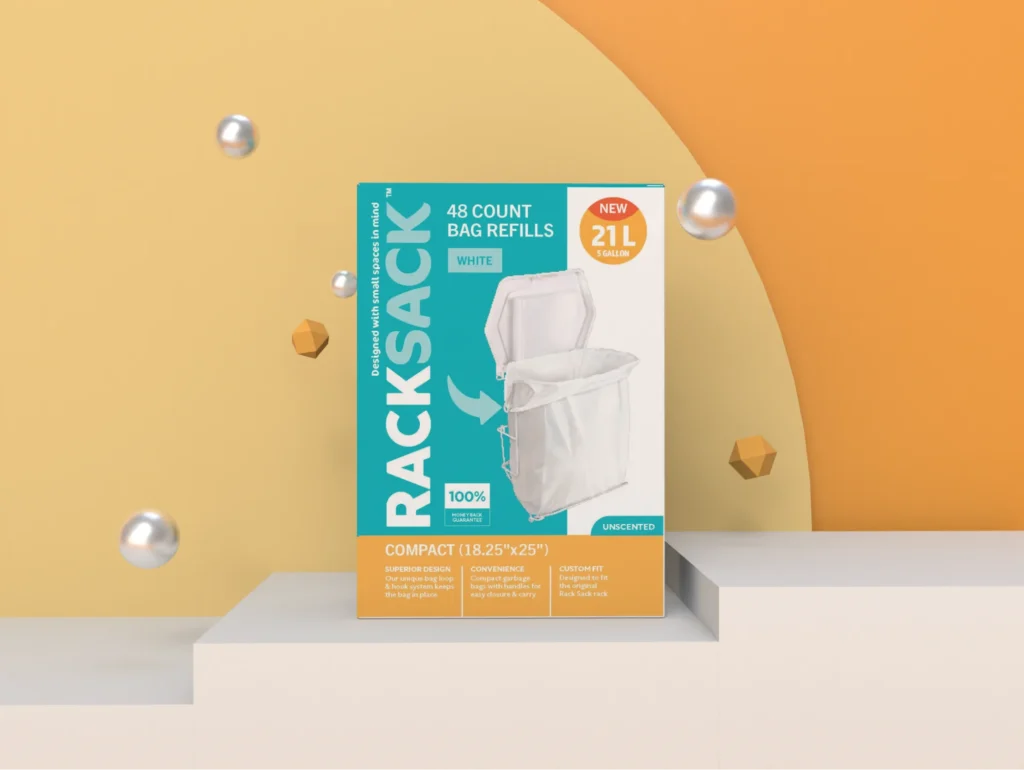 The Rack Sack 5-gallon trash bin refills box displayed on a modern orange background.