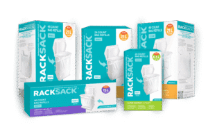 Rack Sack refill garbage bag packs in multiple sizes and counts, designed for compact trash cans in small spaces.
