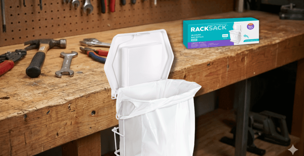 A compact Rack Sack space-saving trash can mounted to the edge of a wooden workbench in a workshop, with a box of Rack Sack refills nearby.
