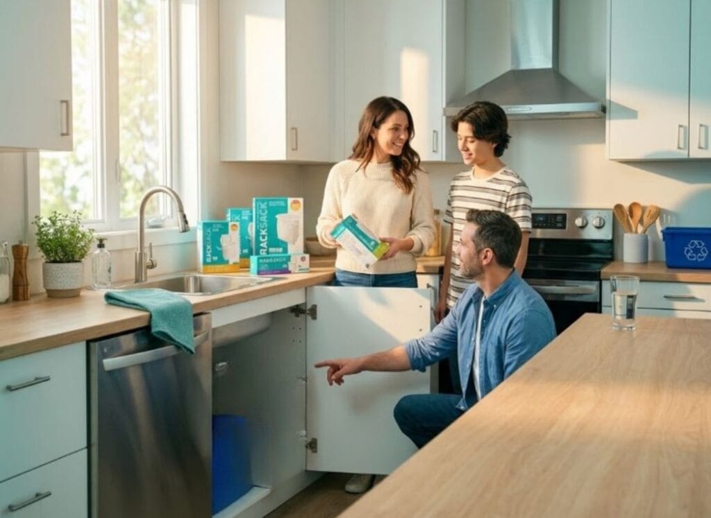 A family of three is in a bright, modern kitchen discussing the installation of a Rack Sack trash can system under the sink. A woman and a teenage boy stand by the counter holding Rack Sack refill boxes, while a man kneels and points toward the open cabinet door where the system is mounted. Several teal and white Rack Sack product boxes are visible on the countertop.