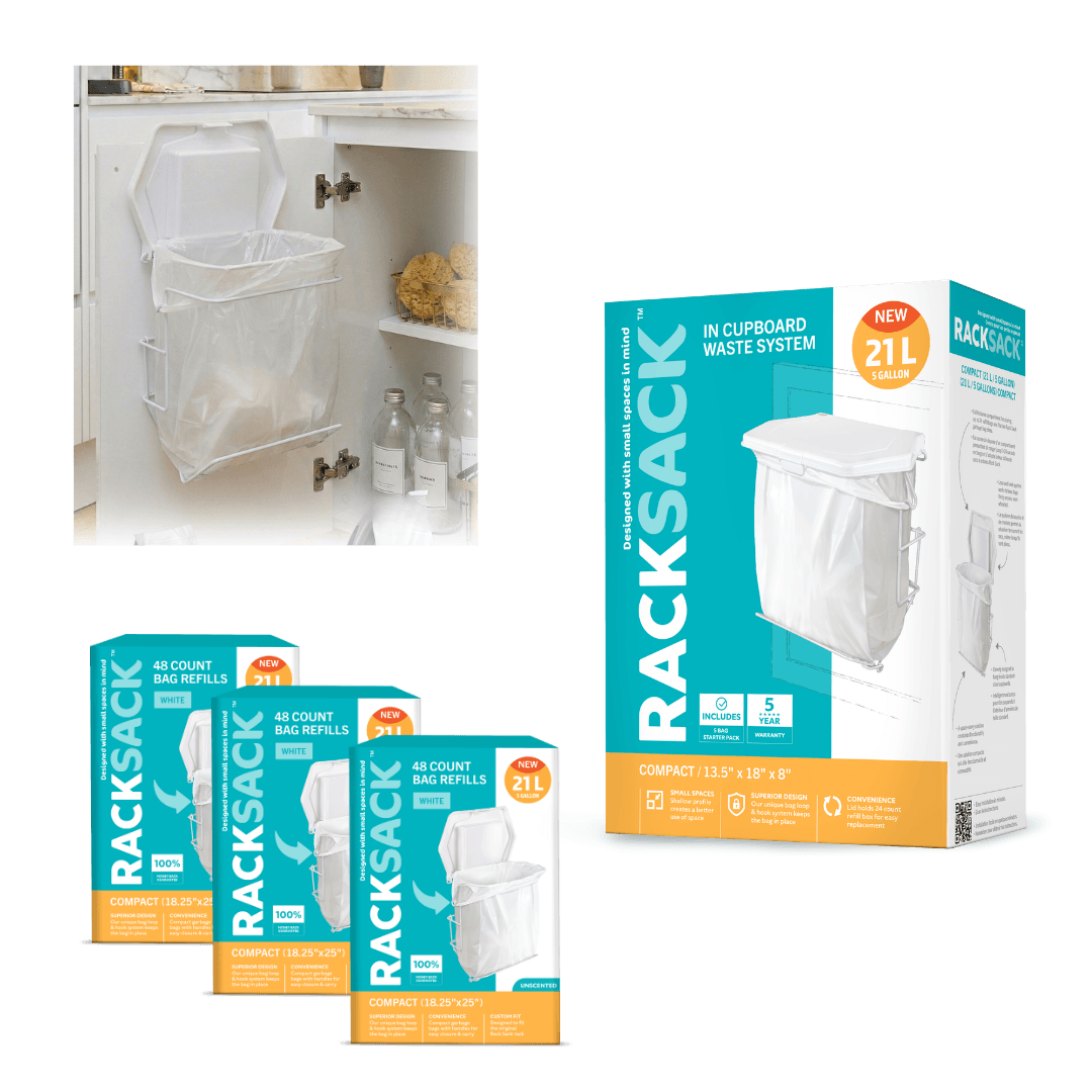 On the top left, a lifestyle photo demonstrates the product in use: a white Rack Sack waste frame holding a clear plastic bag is mounted to the inside of an open white cupboard door beneath a kitchen sink. On the right, a large product box for the "RACK SACK In Cupboard Waste System" is displayed. The packaging features a teal, white, and orange color scheme, a prominent illustration of the mounted waste system, a "NEW 21 L / 5 GALLON" badge, and text highlighting a 5-year warranty, small spaces design, and convenience features. On the bottom left, two matching teal and orange refill boxes are shown, each labeled "48 Count Bag Refills," "White," "Unscented," and "COMPACT (18.25" x 25")" with the same 21 L badge. The entire composition is set against a clean, plain white background.