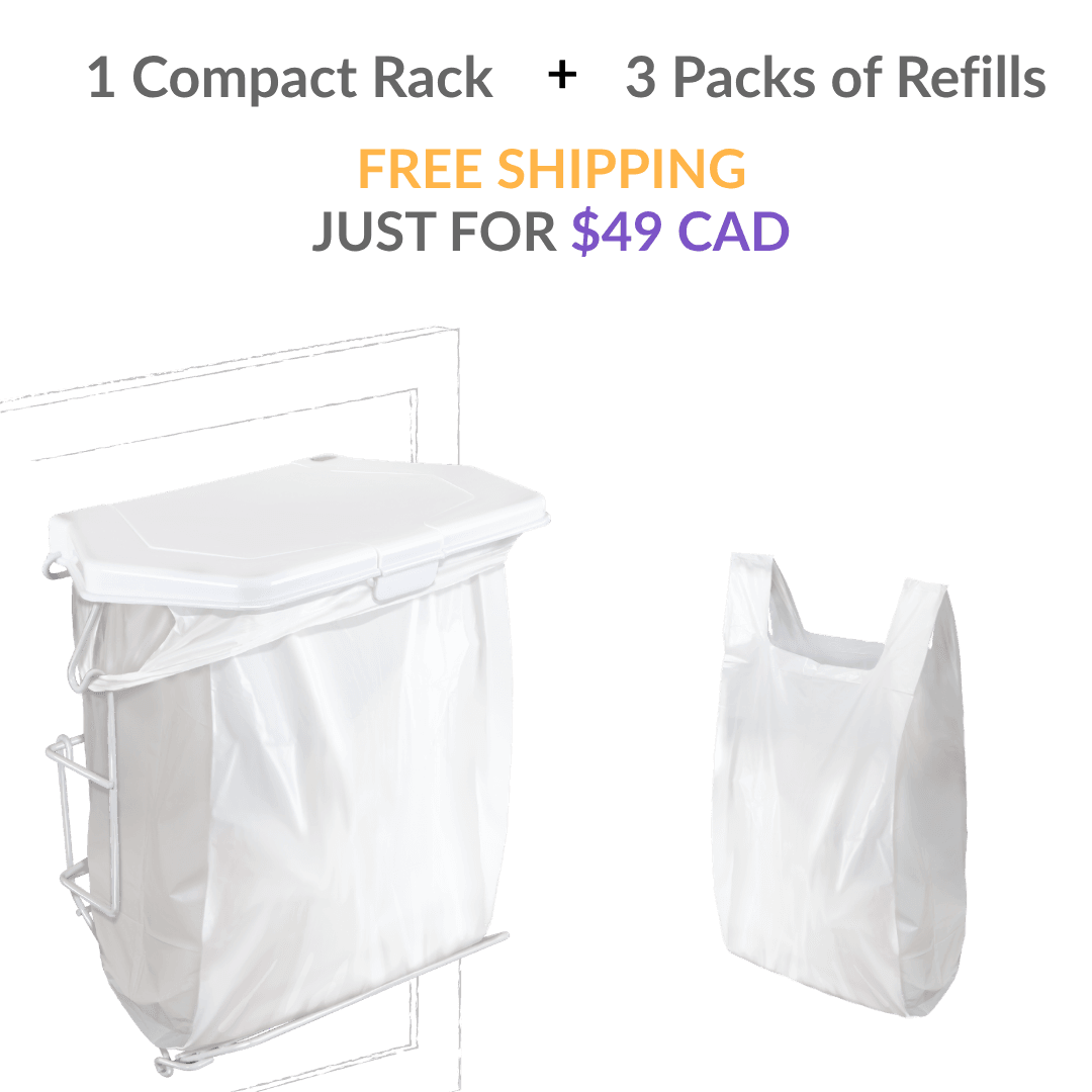 An advertisement for a "Starter Pack Promotion" featuring text at the top that reads, "1 Compact Rack + 3 Packs of Refills," followed by "FREE SHIPPING" in orange and "JUST FOR $49 CAD" in purple. Below the text, on the left, is a white, cabinet-mounted Rack Sack waste system with a lid, hanging over a sketched cabinet door and holding a white plastic garbage bag. To the right, a standalone white refill plastic bag is shown. The entire graphic is set against a clean, plain white background.