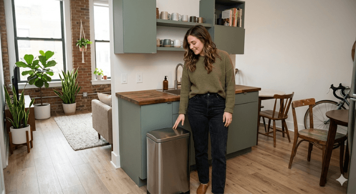 A young woman stands in a small, modern urban apartment kitchen, looking down at a large stainless steel floor trash can that obstructs the narrow walkway. The kitchen features sage green cabinetry and butcher block countertops, illustrating the limited floor space and common organization challenges in compact rental units.