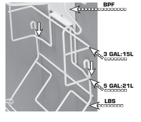 A close-up diagrammatic photograph of a white wire waste-bin support frame mounted inside a cupboard against a grey background. Graphic arrows and labels identify the different sections of the adjustable mechanism. A top arrow points to the "BPF" section. Two vertical down-facing arrows indicate the adjustment slide points on the left and right sides. Two angled arrows point to the sizing levels labeled "3 GAL : 15L" and "5 GAL : 21L," respectively, and a bottom arrow points to the lower wire base labeled "LBS".