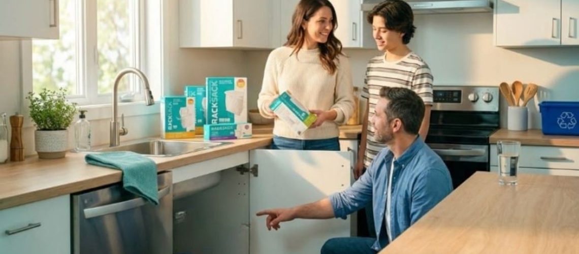 A family of three is in a bright, modern kitchen discussing the installation of a Rack Sack trash can system under the sink. A woman and a teenage boy stand by the counter holding Rack Sack refill boxes, while a man kneels and points toward the open cabinet door where the system is mounted. Several teal and white Rack Sack product boxes are visible on the countertop.