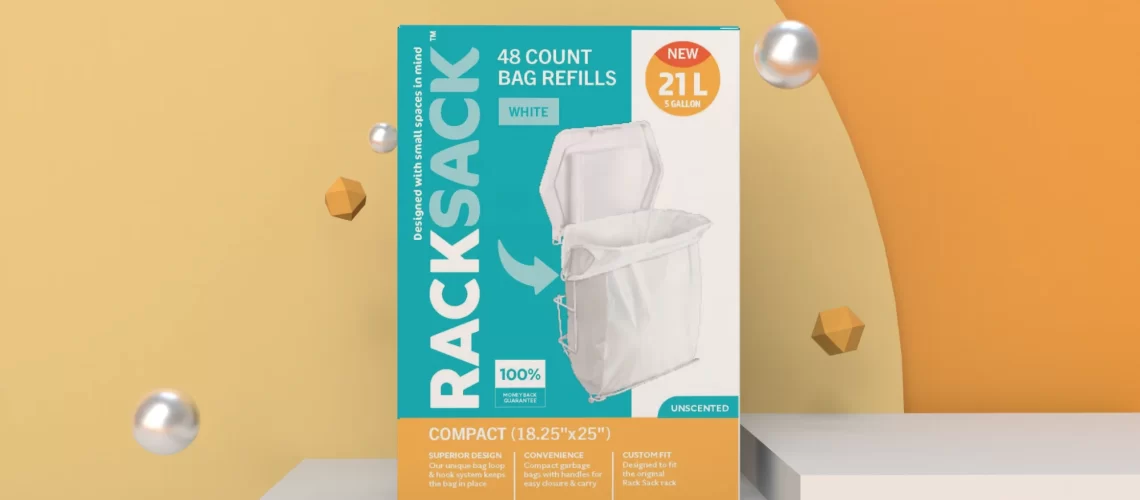 The Rack Sack 5-gallon trash bin refills box displayed on a modern orange background.